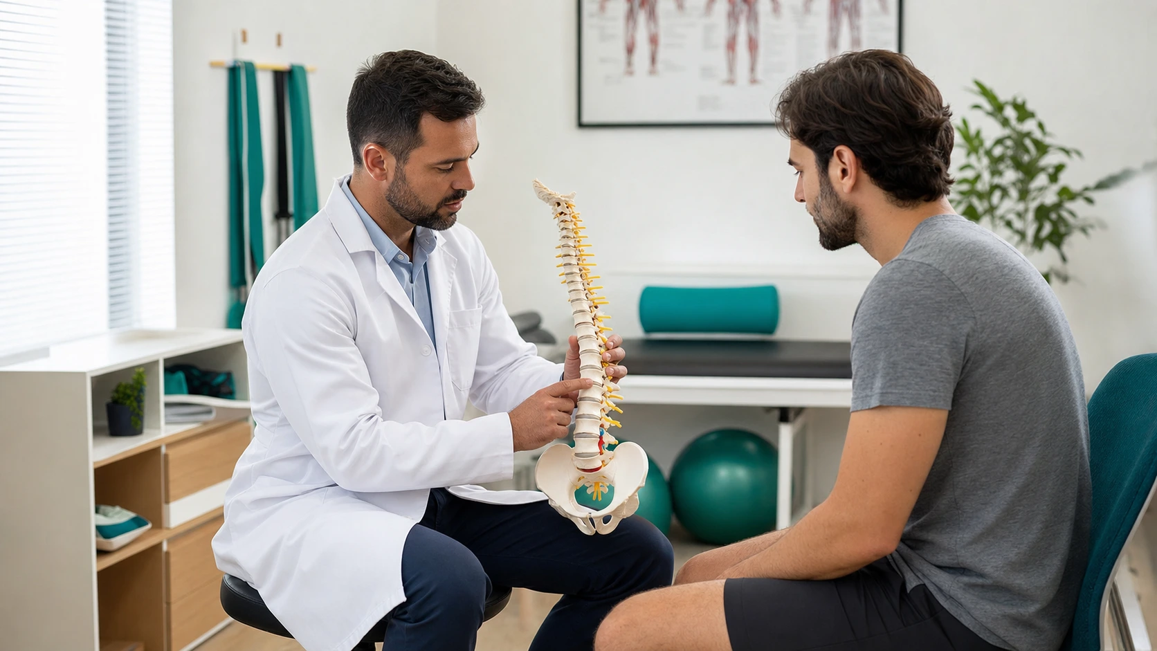 Fisioterapeuta explicando um modelo anatômico de coluna a um paciente