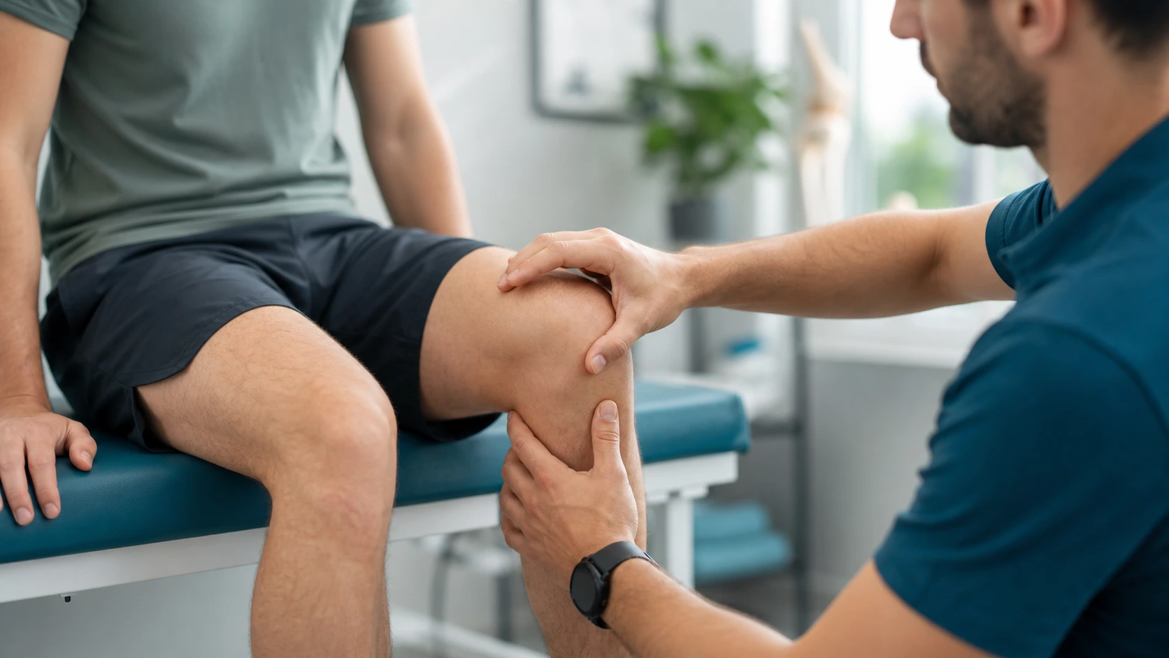 Fisioterapeuta examinando o joelho de um paciente sentado na maca