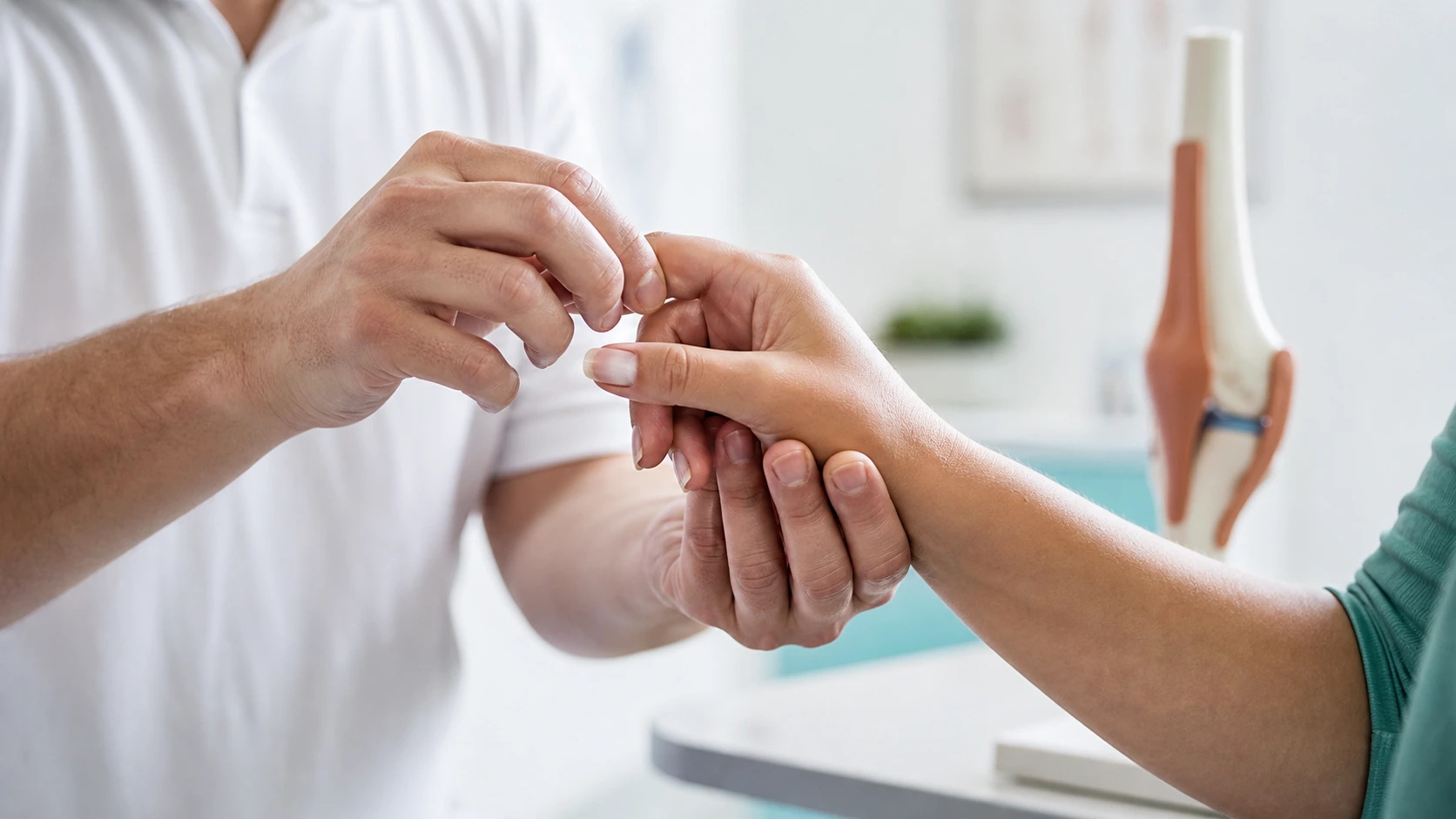 Fisioterapeuta avaliando as articulações da mão de uma paciente