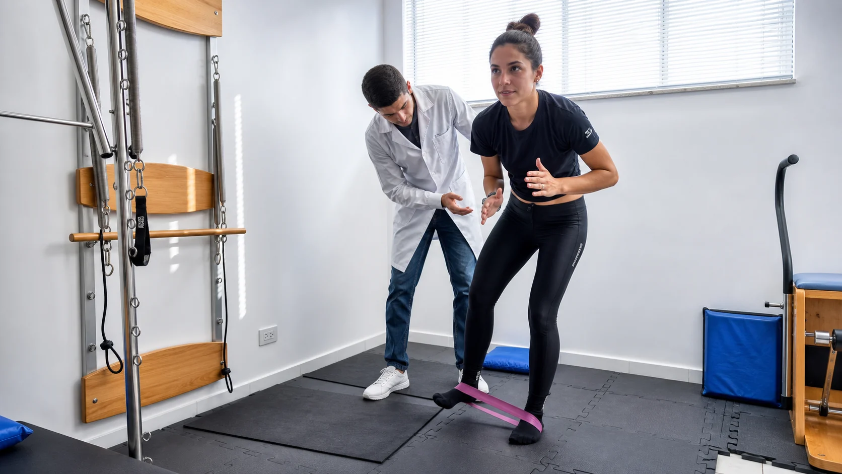 Dr. Dyogo orientando exercício com faixa elástica