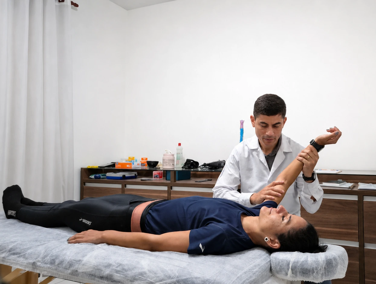 Dr. Dyogo mobilizando o ombro de uma paciente na maca